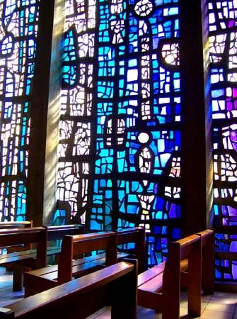 Stained glass windows for the Chapel of Saint Therese, Nord, France, by Alfred Manessier, 1957.